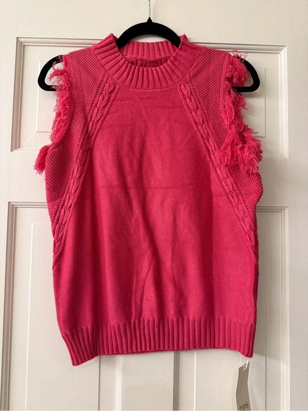 Bright Pink Cable Knit Fringe Mock Neck Sweater Vest NWT S